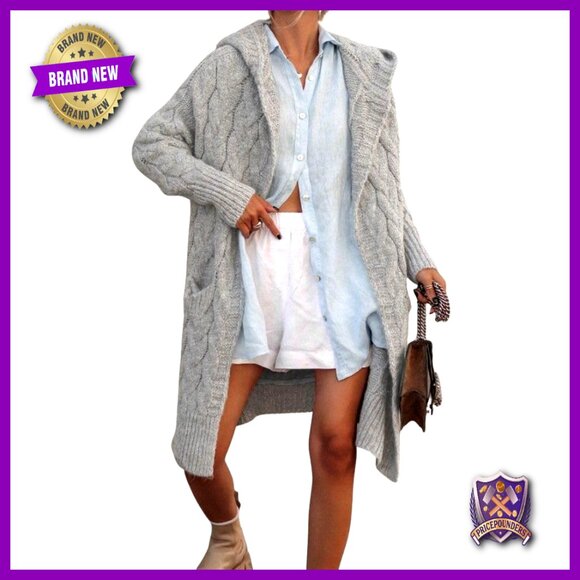 Oversized Cable Knit Hooded Cardigan Sweater Trench Coat Slouchy Open Front